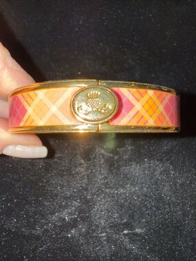 Gold-Tone Enamel Plaid Bangle Bracelet in Orange and Pink